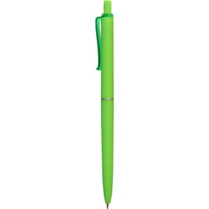 A green plastic pen featuring a textured grip and a clip. The pen has a silver accent near the tip.
