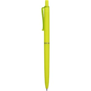 A plastic pen in bright yellow with a grip section and a clip for easy handling. It features a logo on the barrel.
