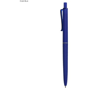 A dark blue plastic pen with a textured grip and a clip, featuring a logo.