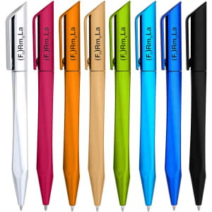 A collection of eight plastic pens in various colours: silver, magenta, orange, gold, green, blue, and black, with logos.