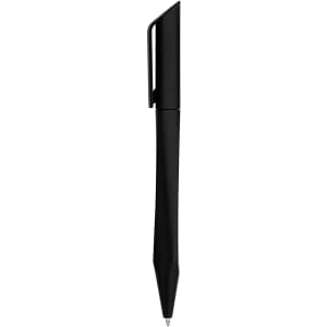 A sleek black plastic pen with a geometric design and a clip. Features a logo on the barrel.