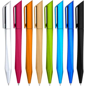 A collection of eight plastic pens in various colours: white, pink, orange, gold, green, blue, and black. Each has a clip and a logo.