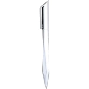 A sleek silver plastic pen with a unique angled design and a logo on its surface.