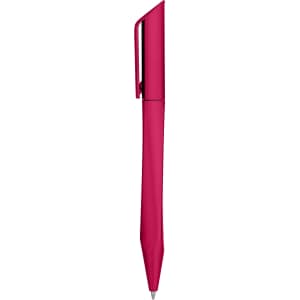 A plastic pen in a vibrant pink colour with a sleek design and a clip for easy attachment.
