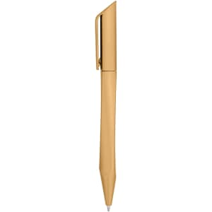 A gold plastic pen with a sleek design and a clip for easy attachment.