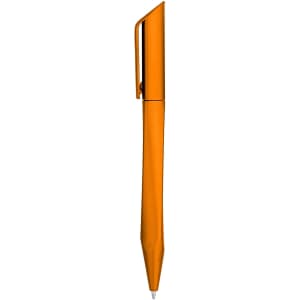 An orange plastic pen with a sleek design and a clip on the cap. It has a pointed tip for writing.