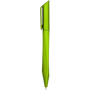 A green plastic pen with a sleek design and a clip on the side, featuring a smooth writing tip.