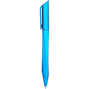 A blue plastic pen with a sleek design and a clip for attachment. It features a smooth, tapered body.