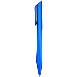 A blue plastic pen with a sleek design and a clip. It features a branding logo on the surface.