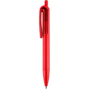 A red plastic pen with a clear section and a clip for easy attachment. It features a smooth barrel design.