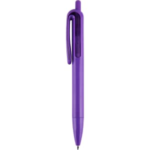A purple plastic pen with a clip and a transparent section, featuring a logo.