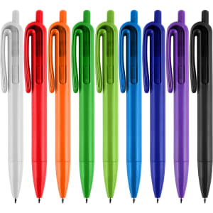 A collection of plastic pens in white, red, orange, green, blue, purple, and black, featuring a clip and smooth design.