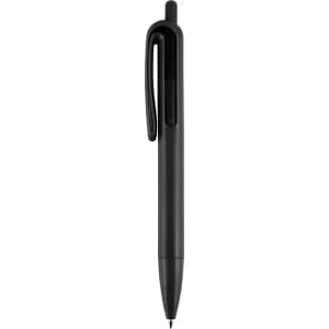 A black plastic pen featuring a clip and a sleek design, with a subtle branding logo.
