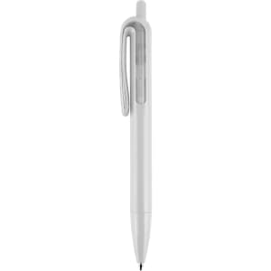 A white plastic pen with a clear section and a clip, featuring a sleek and simple design.