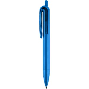 A blue plastic pen with a clip and transparent window. The pen features a smooth design and has a branding logo.