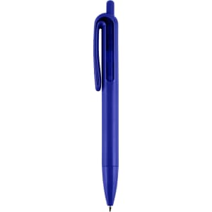 A blue plastic pen with a clip and transparent section. Features a smooth writing tip and a simple design.