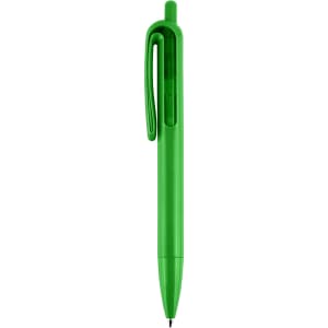A green plastic pen with a clip and a transparent section, featuring a simple design and a brand logo.