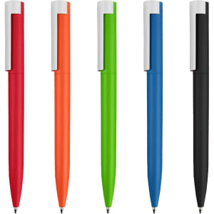 A collection of five pens in red, orange, green, blue, and black, each featuring a clip and a sleek design.