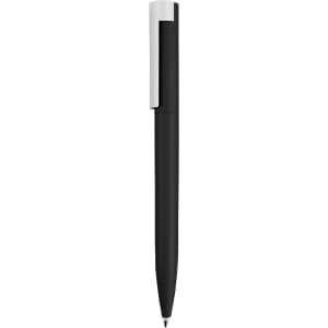 A black pen with a silver clip, featuring a sleek, minimalist design and a branding logo.