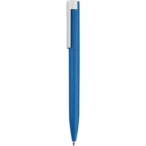 A blue pen with a white clip and a sleek design. The pen features a logo on its body.