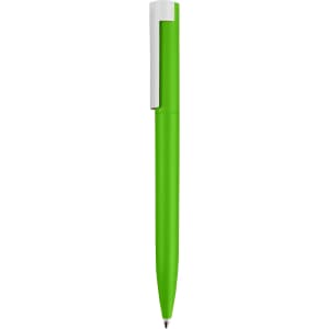 A green pen with a white clip and a sleek, modern design, featuring branding on the body.
