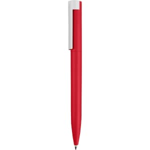 A red pen with a white clip and barrel, featuring a simple, smooth design. It has a logo on the body.