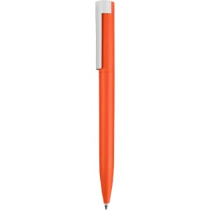 An orange pen with a white clip, featuring a sleek design and a rounded tip. It has a logo on the side.