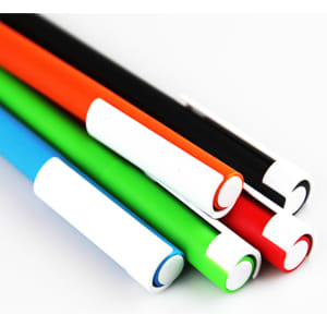 A set of five pens in red, green, blue, black, and orange with white ends, featuring a logo on each.
