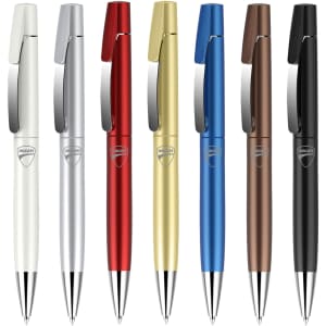 A set of plastic pens in white, silver, gold, red, blue, brown, and black, featuring a logo on each pen.