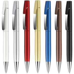 A collection of plastic pens in white, silver, red, gold, blue, brown, and black, featuring clips and sleek designs.