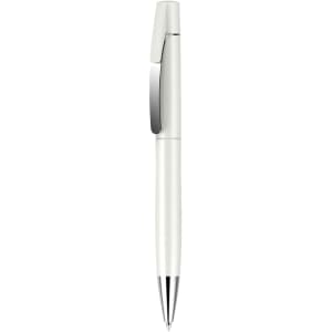 A white plastic pen with a silver clip and a polished tip, featuring a sleek and simple design.
