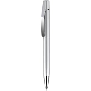 A silver plastic pen with a sleek design and a clip, featuring a shiny finish.