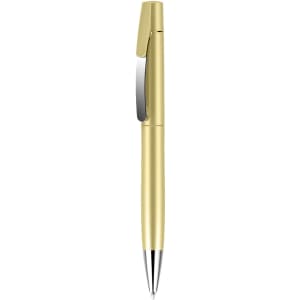 A gold plastic pen with a chrome clip and a pointed tip, featuring a simple and sleek design.