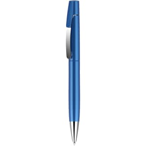 A blue plastic pen with a silver clip and a glossy finish. The pen has a streamlined design and a logo.