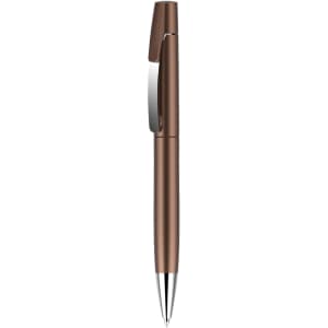 A plastic pen in a sleek bronze colour with a chrome clip and tip, featuring a logo.