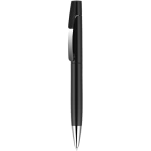 A black plastic pen with a chrome clip and a smooth barrel design. The pen has a logo on its surface.
