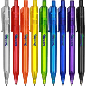 A collection of plastic pens in various colours: clear, orange, yellow, green, blue, purple, and black, with a logo.