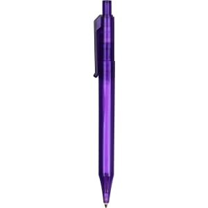 A purple plastic pen with a transparent body and a clip. It features a single refillable ink cartridge.