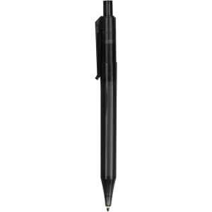 A plastic pen in black with a click mechanism and a clip for easy attachment. Features a logo on the body.