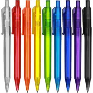 A collection of plastic pens in clear, red, orange, yellow, green, blue, and purple colours, featuring clips and a logo.