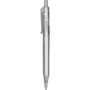 A transparent plastic pen with a clip, featuring a fine tip and a simple design. It has a logo on the side.
