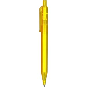 A yellow plastic pen with a click retractable tip and a clip. It features a logo on the barrel.