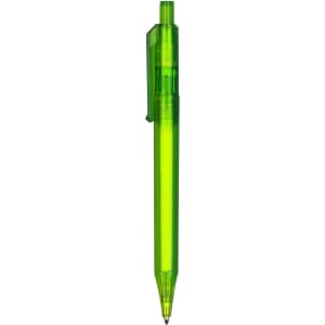 A bright green plastic pen with a transparent body and a clip. It features a fine point for writing.