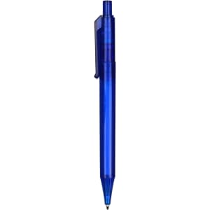 A blue plastic pen with a translucent body and clip, featuring a black writing tip and a branding logo.