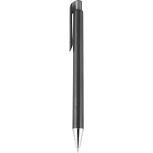 A black plastic pen with a silver tip and clip, featuring a sleek design and a logo.