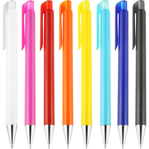 Eight plastic pens in various colours: white, pink, red, yellow, blue, green, purple, and black. Each pen features a clip and a shiny tip.