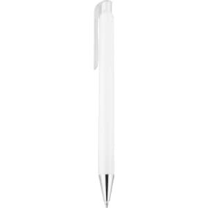A white plastic pen with a silver clip and tip, featuring a logo.