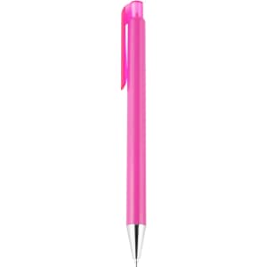 A pink plastic pen with a clip and a silver tip, featuring a branding logo.