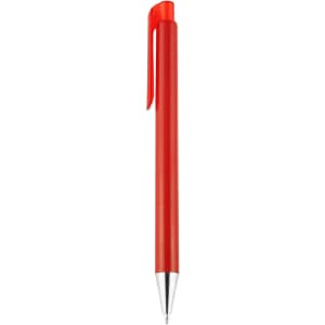 A plastic pen in bright red with a silver tip and a clip. The pen features a simple design with a logo.