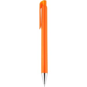 An orange plastic pen with a shiny silver tip and a clip for attachment. It features a simple design and has a logo.